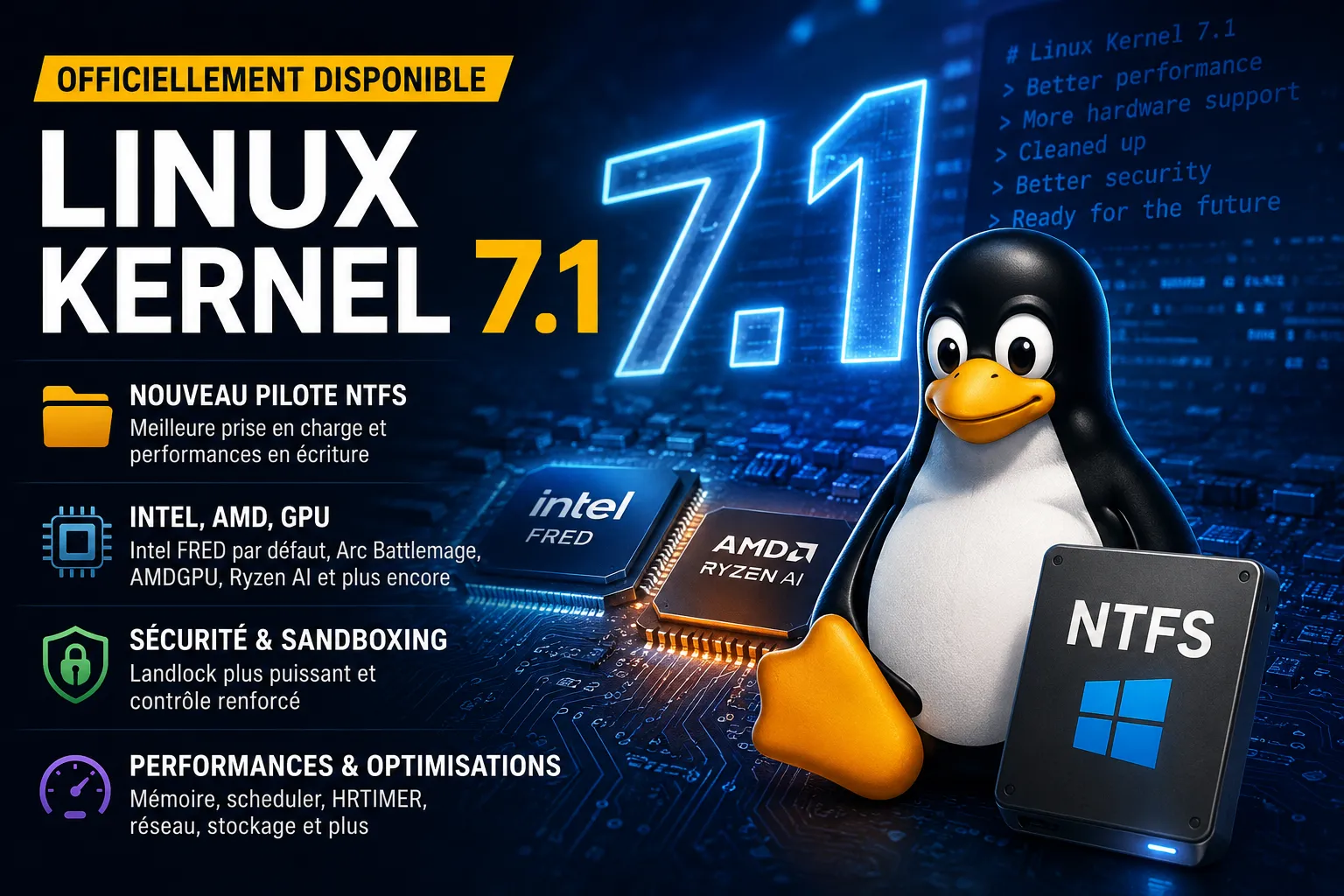 Linux Kernel 7.1 est disponible : NTFS, performances, GPU, sécurité et grand ménage au programme