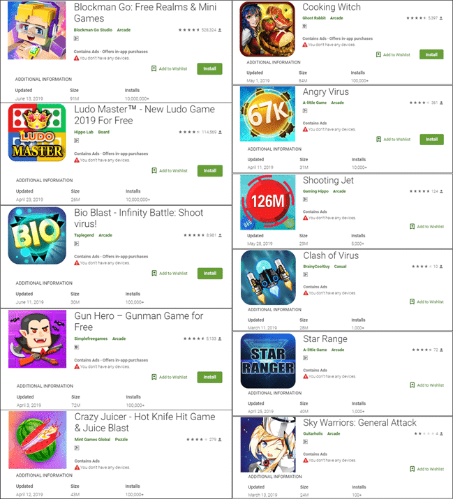 Figure 28 : Les applications infectées par « Jaguar Kill Switch » dans Google Play